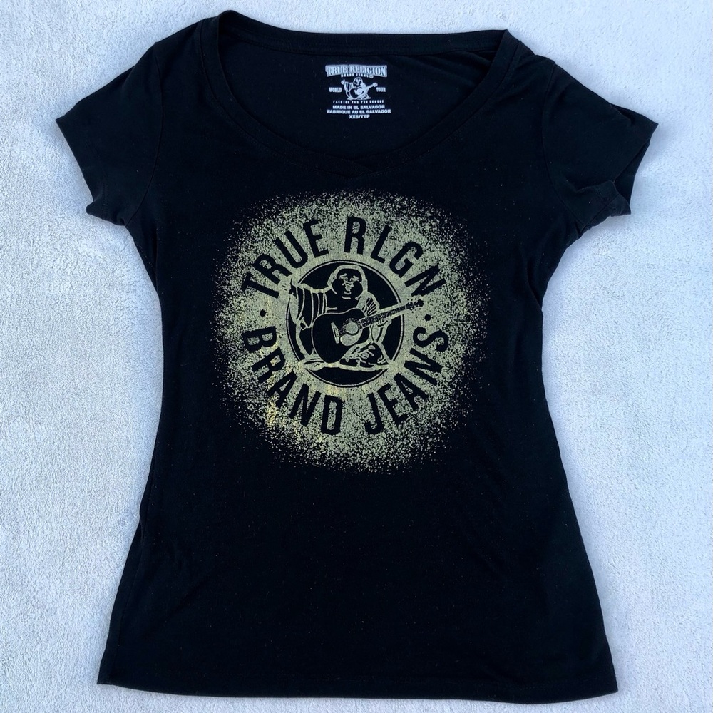 True Religion Shirt Buddha Gold Logo Tee Black Short Sleeve Sz.